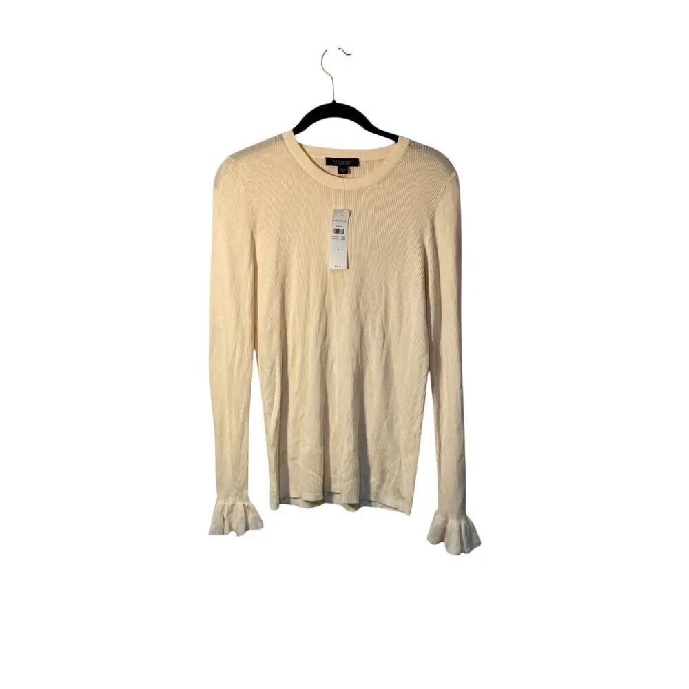 NWT Ann Taylor women’s ivory, long sleeve ruffle, trim top S/L